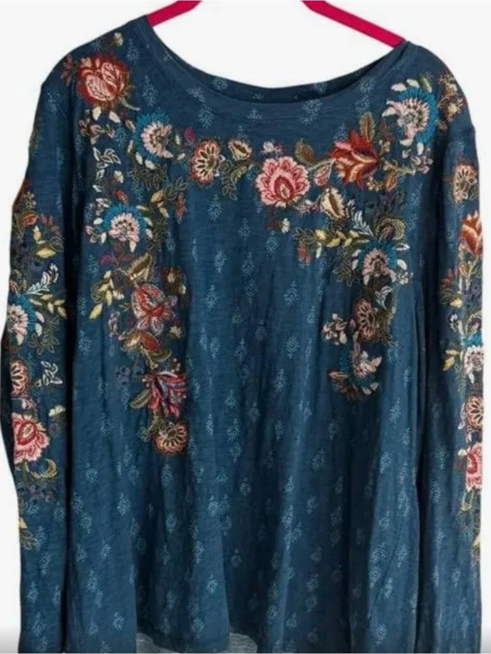 Sundance Teal Blue Floral Embroidered Long-Sleeve Top